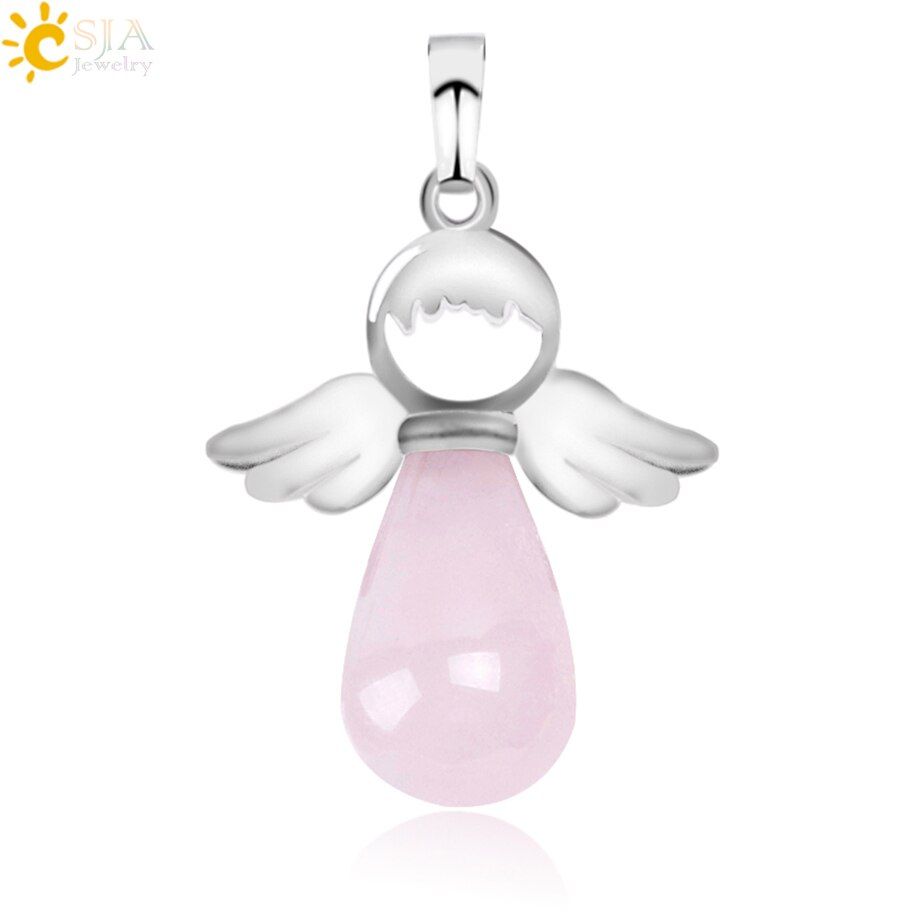 Csja Ange Ailes Pendentif En Pierre Naturelle Pour Collier Quartz Rose Onyx Argent Couleur Goutte D'eau Pendentifs Femme Bijoux Cadeau E949