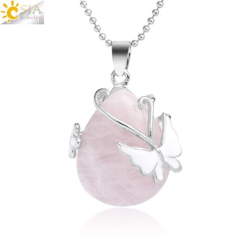 Pendentif Pierre Naturelle, Goutte D'eau, Quartz Rose Violet Cristal ¿Il De Tigre Papillon Fleur, Collier Pour Femmes/Hommes, G082