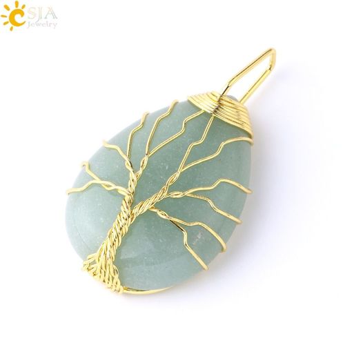 Csja Couleur Or Arbre De Vie Pendentif Pierre Naturelle Gem Fil Enroulé Collier De Goutte D'eau Quartz Rose Oeil De Tigre Vert Aventurine E585