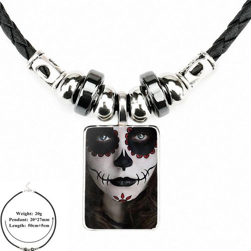 Collier Ras Du Cou En Cuir Noir Pour Écolière, Maxi Sucre Crâne Dia De Los Muertos, Bijoux Harajuku, Pendentif Perle En Cuir Noir, Cabochon En Verre