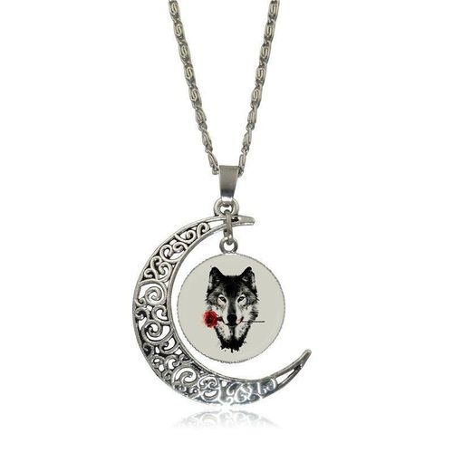 Cabochon En Verre Pour Femmes, Cadeau Pour Garçon, Ras Du Cou, Pendentif Lune, Bijoux Couleur Argent, Loup Avec Fleur De Rose