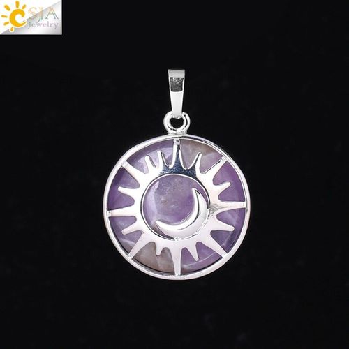 Pendentif Soleil Et Lune Reiki, Pierre Naturelle De Guérison, Cristal Violet Et Blanc, Perles De Quartz Pour La Fabrication De Bijoux, Collier Pour Femmes Et Hommes F336