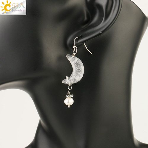 Csja Croissant De Lune Pierre Naturelle Perle Boucles D'oreilles En Forme De Corne Charmes Reiki Cristal Mode Dangle Oreille Bijoux Femmes Fille G157