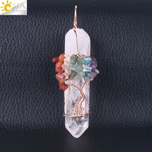 Csja Pendentif En Cristal Blanc Naturel Pour Collier F517, Grand Pendentif Reiki Chakra Arbre De Vie, Couleur Or Rose