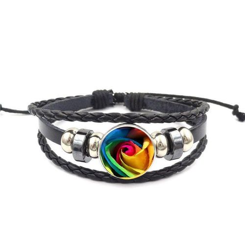 Bracelet En Cuir Noir Pour Enfant, Cabochon En Verre Fait À La Main, Bijoux En Bon État, Fleur De Rose