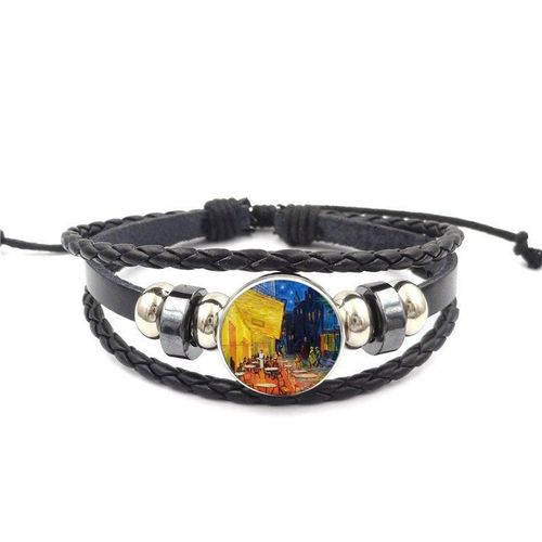 Bracelet En Cuir Noir Pour Femmes, Bijoux Bouddhistes Avec Cabochon En Verre, Cadeaux Pour Garçons, Van Gogh, Terrasse De Café