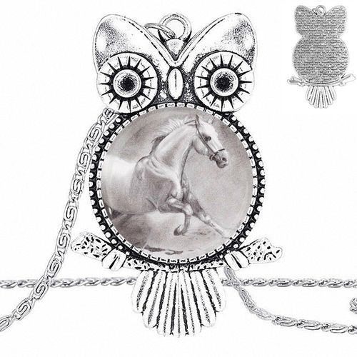 Cabochon En Verre Pour Femmes Et Enfants, Ras Du Cou, Pendentif Hibou, Collier Couleur Bronze, Bijoux Cheval Noir Et Blanc