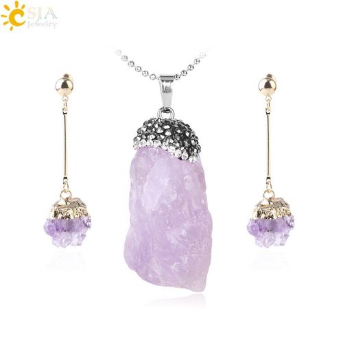Ensemble De Bijoux En Pierre Naturelle Pour Femmes, Pendentif Irrégulier En Cristal Violet, Boucles D'oreilles Avec Strass, Couleur Or, Goutte, F668