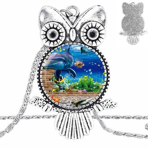 Collier Avec Pendentif En Verre Glacé, Cabochon, Hibou, Mode, Vintage, Image De Dauphin En 3d