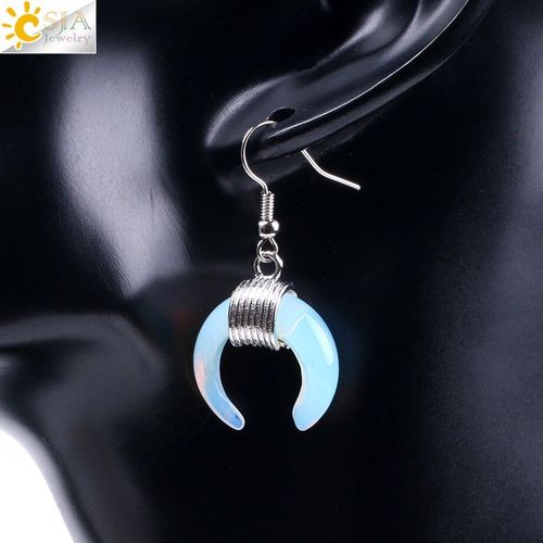 Boucles D'oreilles En Forme De Croissant De Demi Lune Pour Femme, Bijou Bohème, Couleur Argent, Pierre Naturelle, Cristal Violet, Quartz Lazuli, Opale, F115