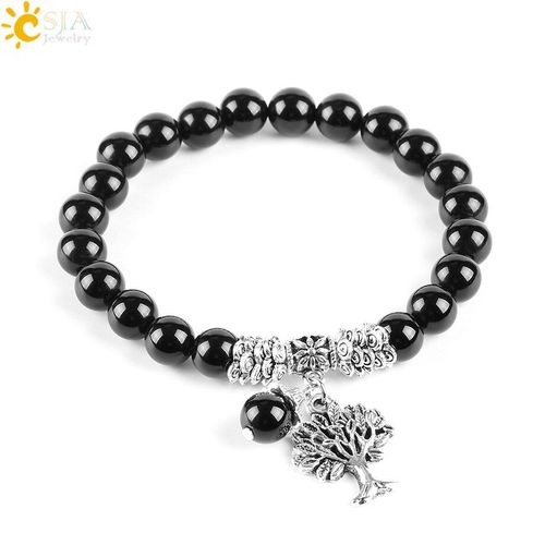 Bracelets En Onyx Noir Naturel Pour Hommes, Perles De Yoga, Extensible, Antique, Couleur Argent, Arbre De Vie, Bijoux E744