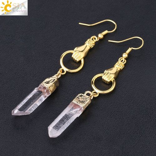 Csja Boucles D'oreilles Longues Pour Filles, En Or, Argent, Couleur Naturelle, Quartz Blanc, Pierre Irrégulière, Boho, Breloque, Pendentif D'oreille, F858