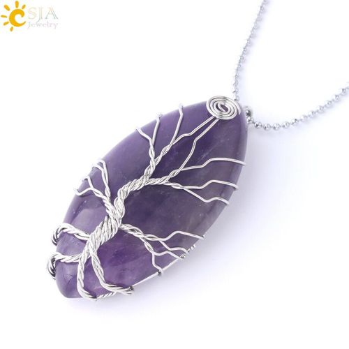 Pendentif En Pierre Naturelle Marquise, Cristal Violet, Lave, Quartz, Couleur Argent, Fil Enroulé, Arbre, Bijoux Pour Femmes Et Hommes, F862