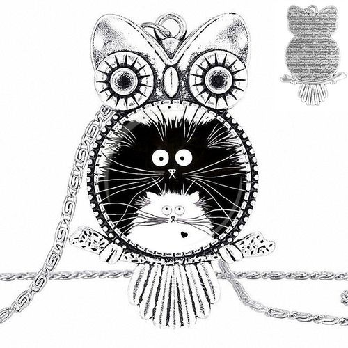 Ej Glaçure Chat Noir Et Blanc En Verre, Cabochon Ras Du Cou, Pendentif Hibou, Collier Couleur Bronze, Bijoux Pour Enfants Perles