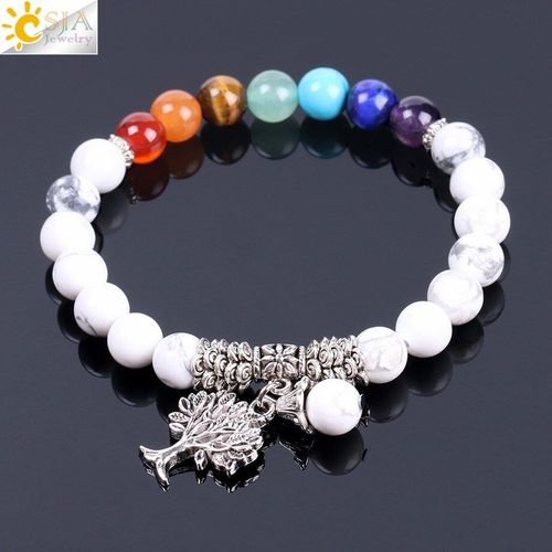 Bracelets Howlite Blancs En Pierre Perlée, Breloque 7 Chakra Life Of Tree, Yoga, Bijoux De Guérison Pour Femmes Et Hommes, Diy, F140