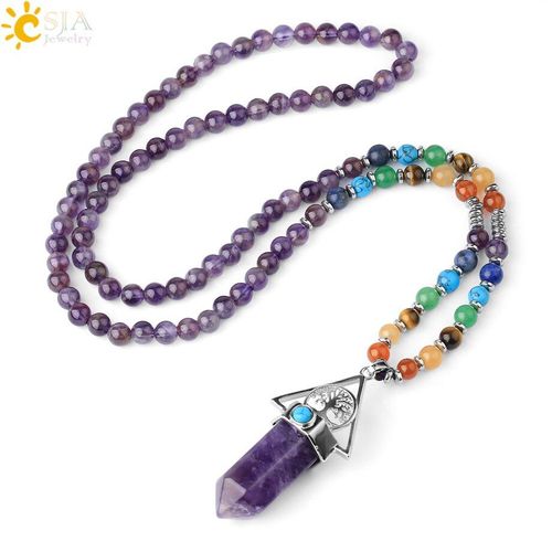 Collier Long En Pierres Précieuses Naturelles, 7 Chakras, Reiki, Pendentif Hexagonal, Arbre De Vie, Violet, Rose, ¿Il De Tigre, Cristal, Bijoux G787