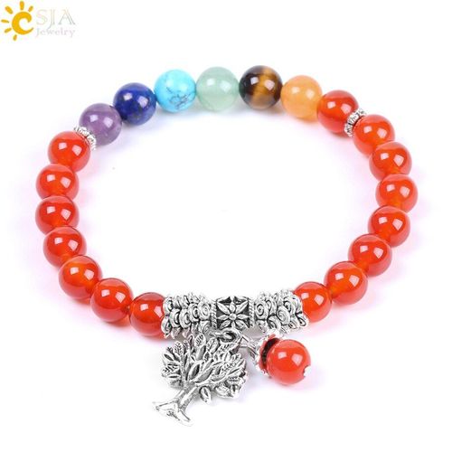 Bracelet En Pierre Naturelle Onyx Rouge, 7 Chakra, Breloques, Yoga, Vintage, Couleur Argent, Pendentif Arbre De Vie, Pour Femmes, F123