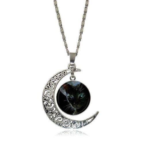 Collier Avec Pendentif En Verre Pour Unisexe, Cabochon, Lune, Chat Noir, À La Mode, Ras Du Cou, Bijoux