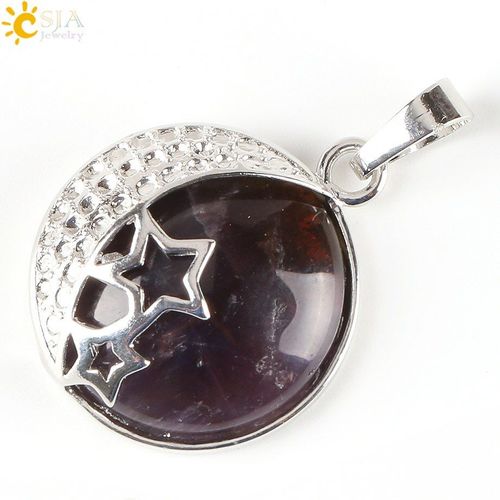Collier Avec Pendentif Croissant De Lune, Quartz Rose Violet, Cristal Ajouré, Pentagramme Étoile, Bijoux En Pierre Naturelle Pour Femmes, E174