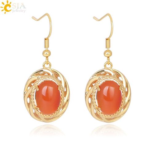 Boucles D'oreilles Vintage En Pierre Naturelle Pour Femmes, Pendentif Ovale En Onyx Rouge, Crochet, Goutte, Or, Qualité Haut De Couleur, F316