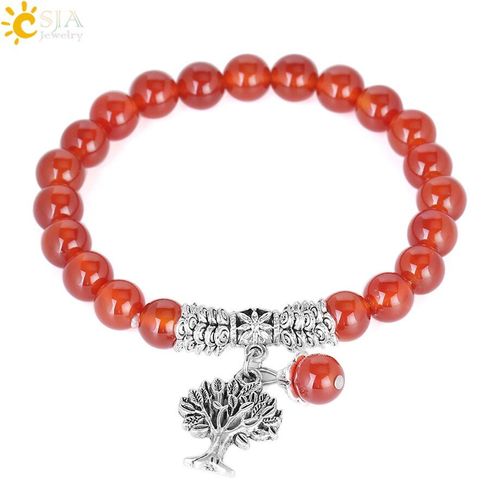 Csja Bracelets En Pierres Précieuses D'onyx Rouge Brut, Bracelets Arbre De Vie, Rond, Chapelet Mala En Cristal De Guérison, Bijoux E745, 2017