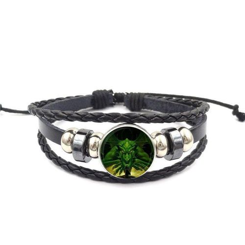 Bracelet En Cuir Noir Pour Femmes Et Enfants, Bijoux Vintage Avec Cabochon En Verre, Dragon Vert Tempête