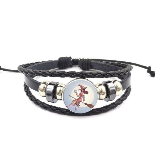 Bracelet En Cuir Noir Pour Hommes Et Femmes, Bijoux De Marque, Cabochon En Verre, Beau Dessin Animé De Sorcière