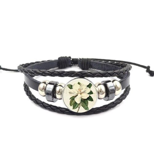 Bracelet En Cuir Noir Pour Hommes Et Femmes, Bijou De Marque Avec Cabochon En Verre, Fleur Magnolia, Cadeau