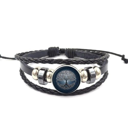 Bracelet En Cuir Noir Et Verre Pour Femmes, Fait À La Main, Maxi, Bleu, Arbre De Vie, Pour Filles