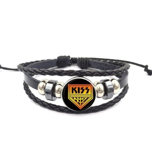 Bracelet En Cuir Noir Avec Cabochon En Verre Pour Filles, Bracelet Rock Band Kiss, Bijoux, Cadeaux