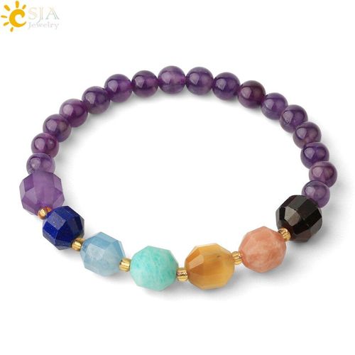 Csja Bracelet Multicolore, 7 Chakras, Pierres En Cristal Naturel, Brin Élastique, Bijoux Simples, Pour Hommes Et Femmes, G584