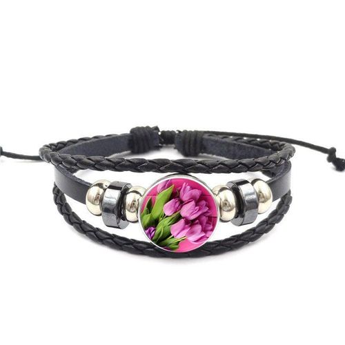 Bracelet Vintage En Cuir Noir, Cabochon En Verre Antique, Bijoux De Fête Pour Femmes Et Hommes, Tulipe Rose