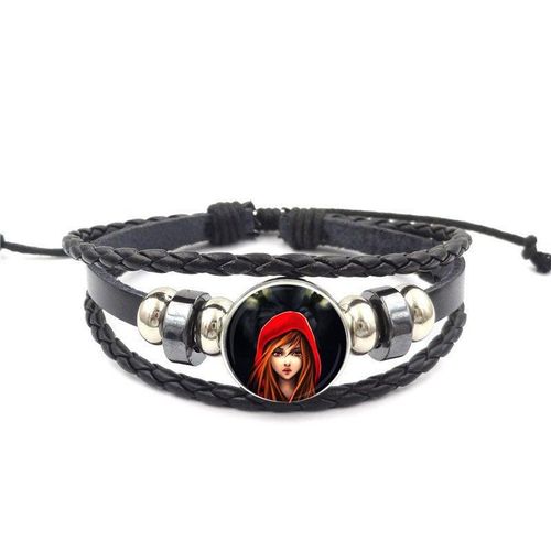 Bracelet En Cuir Noir, Fait À La Main Pour Unisexe, Cadeau Petit Chaperon Rouge
