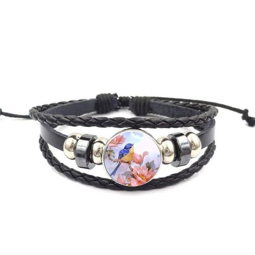 Bracelet Antique En Cuir Noir Pour Femmes, Bijoux Pour Enfants, Cabochon En Verre, Fleur, Oiseau, Cadeau