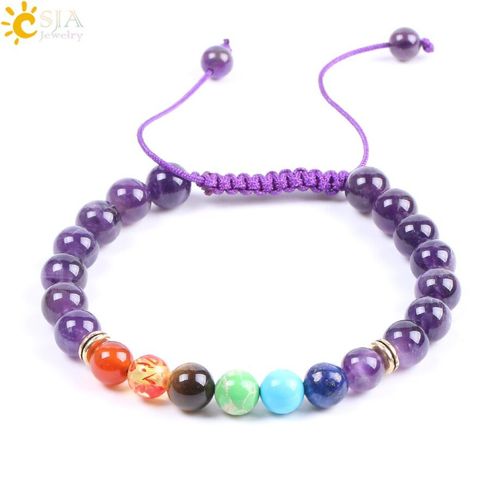 Bracelets En Pierre Naturelle, Quartz Violet, 7 Perles Chakra, Corde De Haute Qualité, Ajustable, Fait À La Main, Yoga, Guérison, Tendance, F100