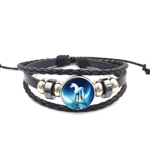 Bracelet En Cuir Noir Pour Filles, Cabochon En Verre Émaillé, Bijoux Vintage Fait À La Main, Meilleur Cadeau Licorne Blanche