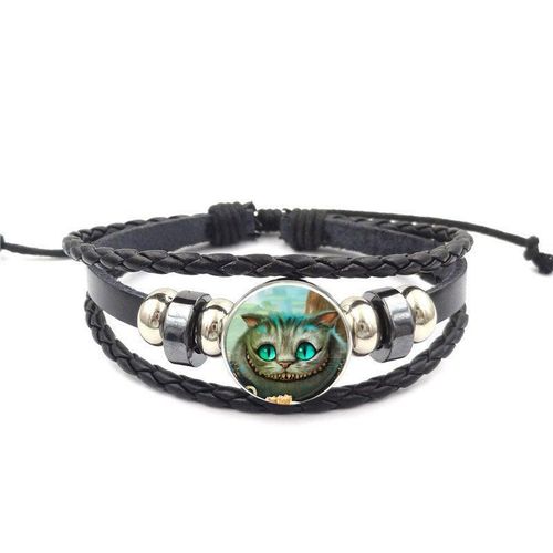 Bracelet En Cuir Noir Rond, Cabochon En Verre Émaillé, Bijoux Cadeaux Pour Femmes Et Hommes, Fête Multi Chat