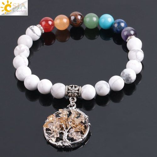 Bracelet Tibétain Blanc Howlite Pour La Guérison Des 7 Chakras, Avec Puce En Cristal Jaune, Perle De Prière, Yoga, Méditation, Arbre De Vie, Bijoux E908