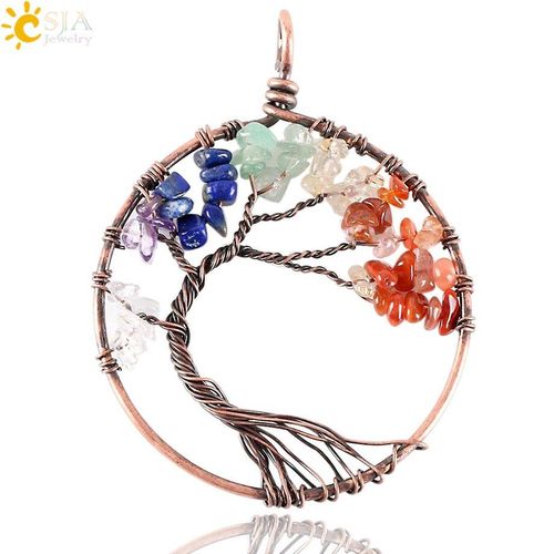 Bijoux 7 Chakra Arc En Ciel, Perles Enroulées En Pierre Naturelle, Arbre De Vie De Sagesse, Pendentif Rond Antique En Cuivre Plaqué Pour Collier E269