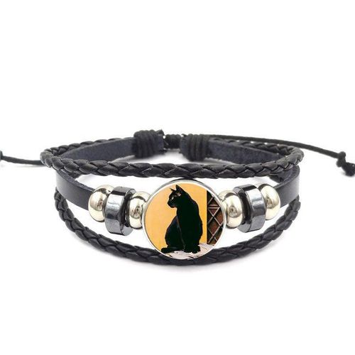 Bracelet En Cuir Noir De Marque Chat Noir, Cabochon En Verre, Bijoux, Bijouterie Pour Écolière Maxi