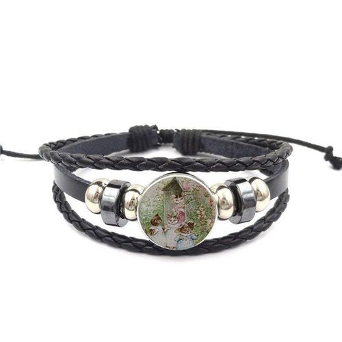 Bracelet En Verre Et Cuir Noir Unisexe, Chat Mignon, Le Conte De Tom Chaton, Fait À La Main, Bijoux Adorables