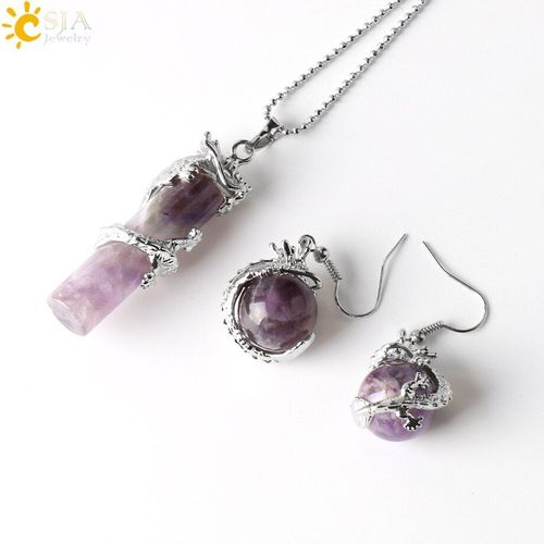 Csja Ensemble De Bijoux Naturels E390, Jeu De Boucles D'oreilles Rondes En Cristal, Parures De Fête, Chaîne Opale Dragon, 2017