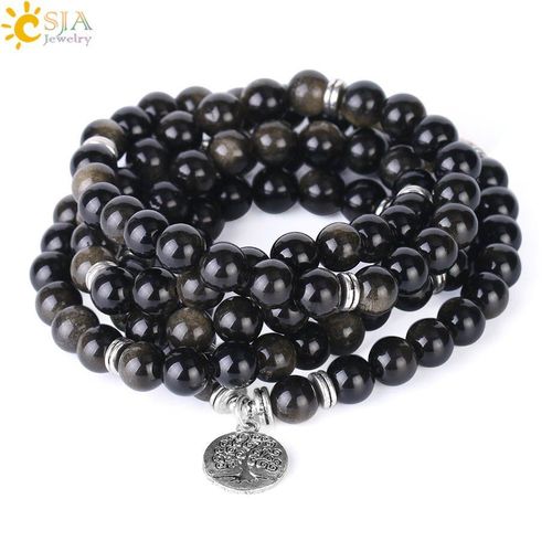 Bracelet Long Perlé En Obsidienne Dorée, Pierre Naturelle Semi Précieuse, Bijou Arbre De Vie, F266