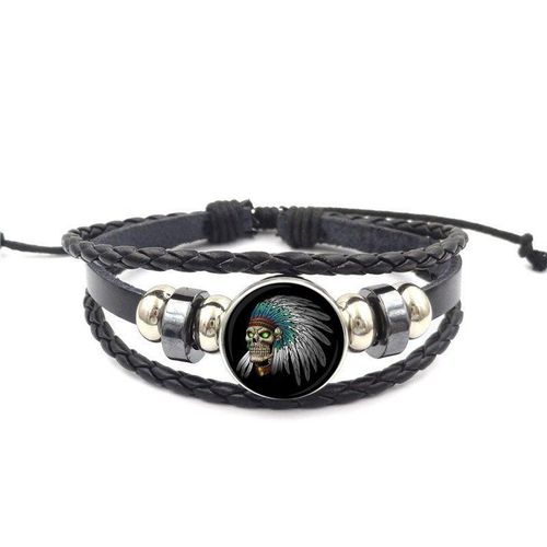 Bracelet En Cuir Noir Pour Filles, Bijoux Vintage, Crâne Indien, Charmant, À La Mode, Verre, Vente En Gros