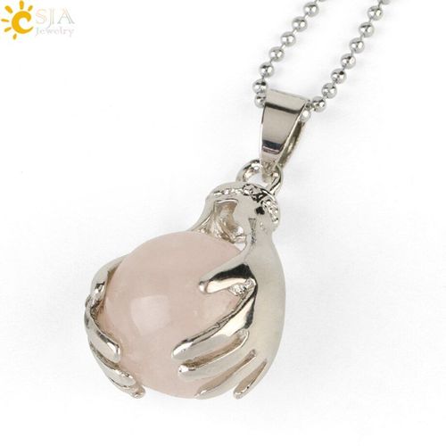 Csja Pendentif Quartz Cristal Rose Naturel Reiki Guérison Boule Ronde Perle Pierre Main Pendentifs Colliers Femmes Hommes Bijoux G139