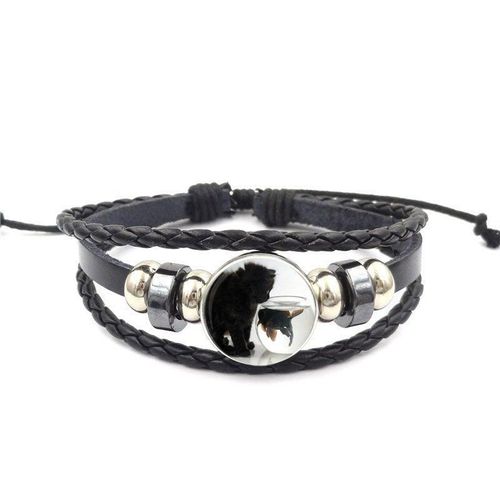 Bracelet En Cuir Noir Pour Fille, Cabochon En Verre, Chat Et Poisson