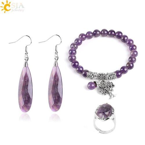Ensemble De Bijoux En Cristal Violet Pour Femmes, Bracelet De Méditation, Arbre De Vie, Pierre Naturelle Reiki, Boucle D'oreille Ovale, Bague De Mariage F666