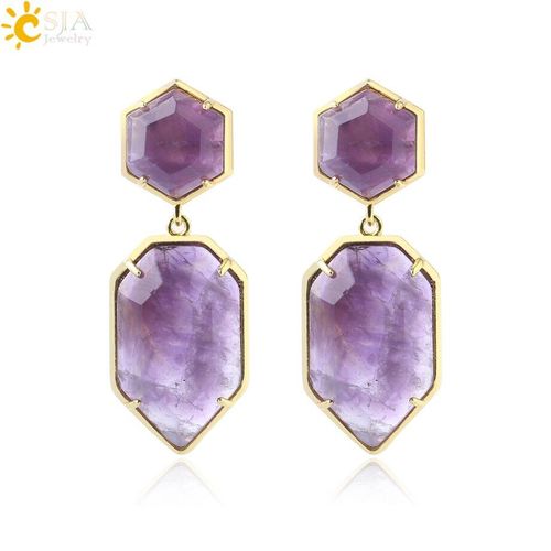 Boucles D'oreilles Polygones En Cristal Pour Femmes, Couleur Or, Longues, En Pierre Naturelle, Violet, Blanc, Quartz, Noir, Onyx, Bijoux F780