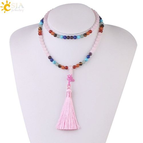 Collier À Pampilles En Pierre Naturelle Des 7 Chakras, 6mm, 108 Mala Reiki, Cristal Violet, Quartz Rose, Lapis, Pour Femmes, F972