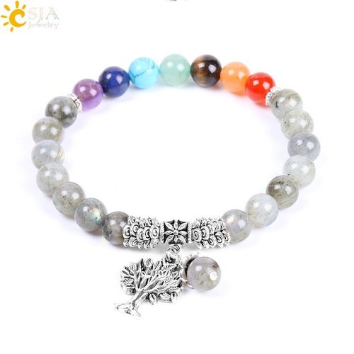 Bracelet De Perles Chakras Labradorite Pour Hommes Et Femmes, Pierre Naturelle, Couleur Claire, Vintage, Arbre De Vie, Bijoux Faits À La Main F126